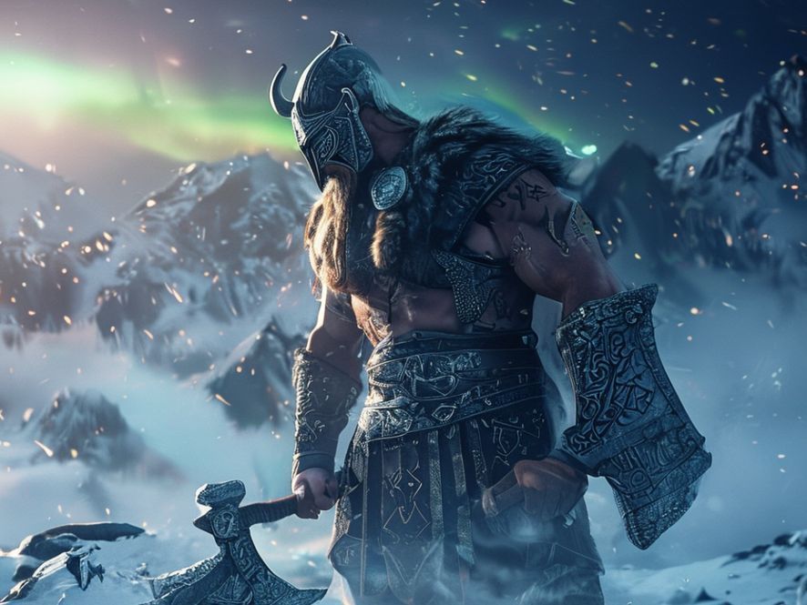 Guerrier viking en armure, hache de bataille à la main, debout sur une montagne enneigée