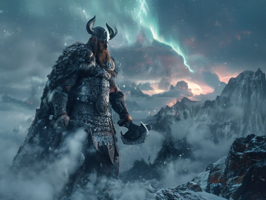Guerrier viking en armure, hache de bataille à la main, debout sur une montagne enneigée