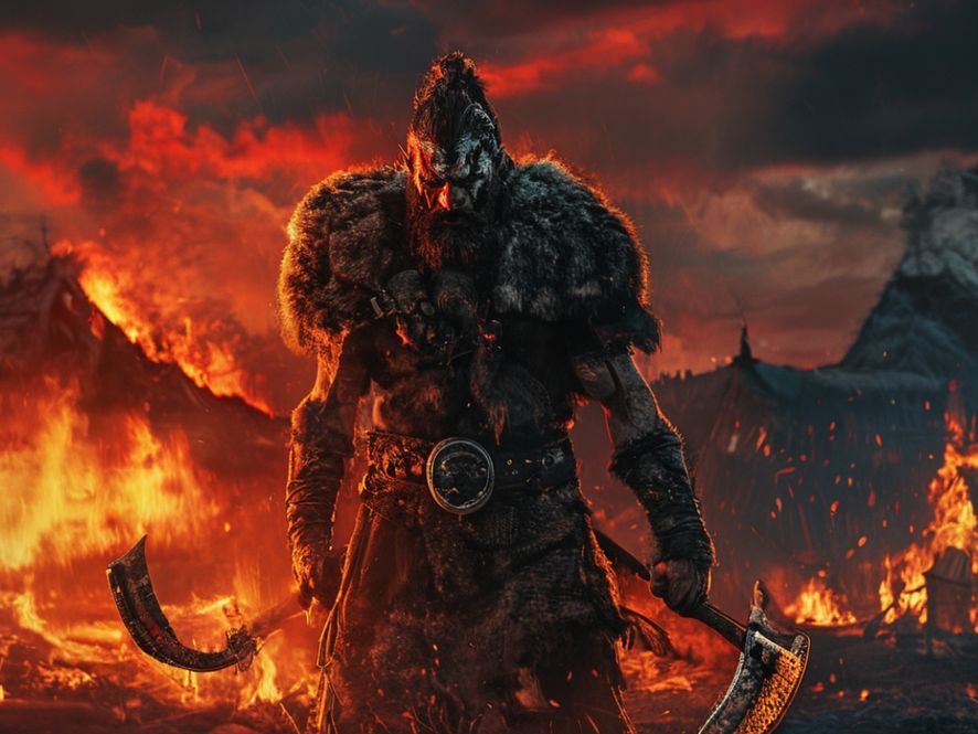 Berserker viking en peau d'ours et peintures de guerre, une hache dans chaque main, devant un village en flammes sous un ciel rouge