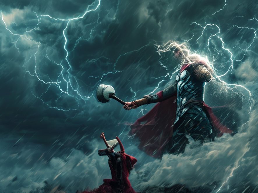 Thor brandissant le marteau Mjölnir sous un ciel d'orage traversé d'éclairs