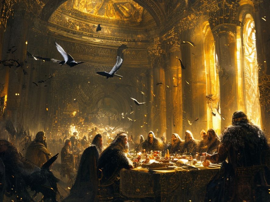 Grande salle du Valhalla baignée de lumière dorée, guerriers einherjar au banquet, corbeaux et loups d'Odin