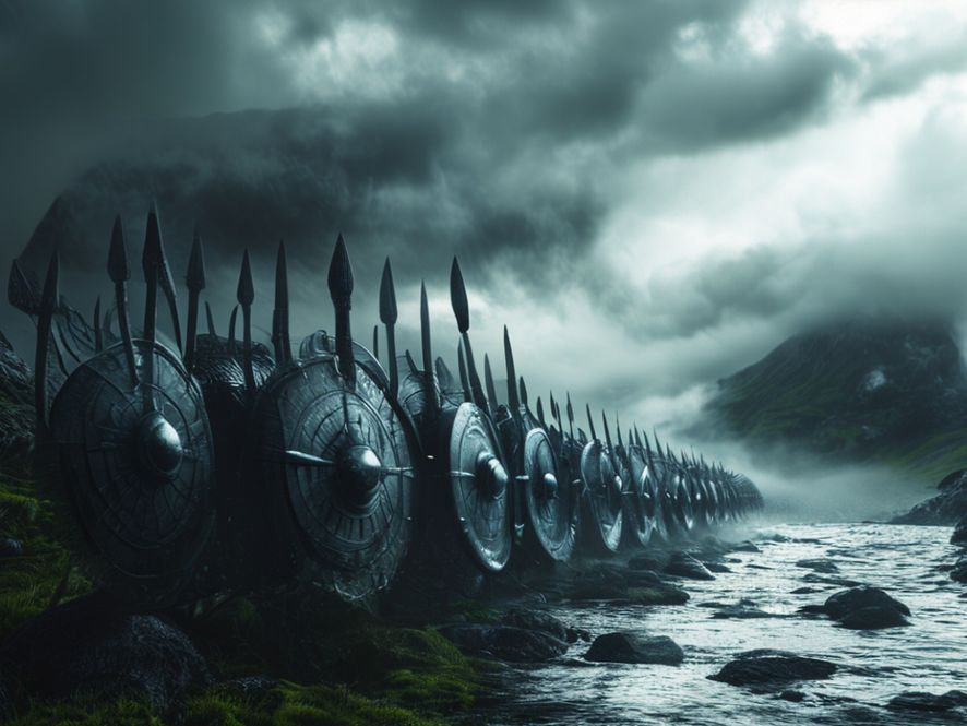 Mur de boucliers viking dans un fjord brumeux, guerriers armés de lances et de boucliers ronds