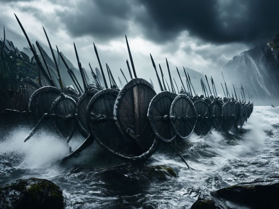 Mur de boucliers viking dans un fjord brumeux, guerriers armés de lances et de boucliers ronds sous un ciel d'orage
