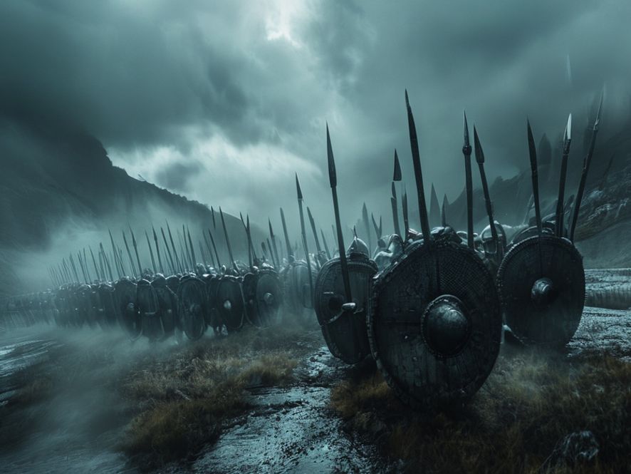 Mur de boucliers viking dans un fjord brumeux, guerriers armés de lances et de boucliers ronds sous un ciel d'orage