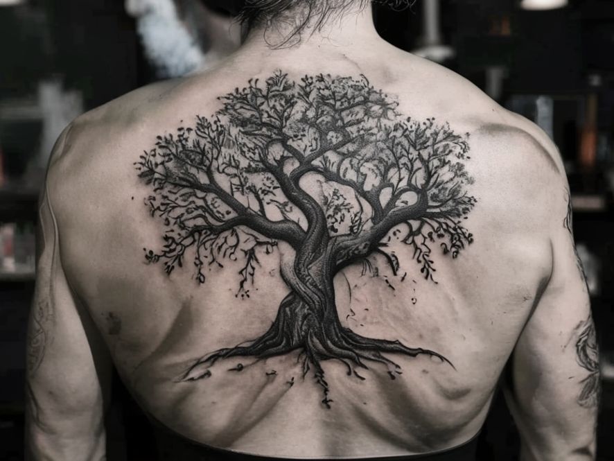Tatouage d'Yggdrasil, l'arbre de vie, couvrant un dos entier à l'encre noire