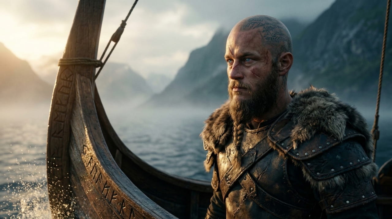 Ragnar Lothbrok portrait viking guerrier sur drakkar