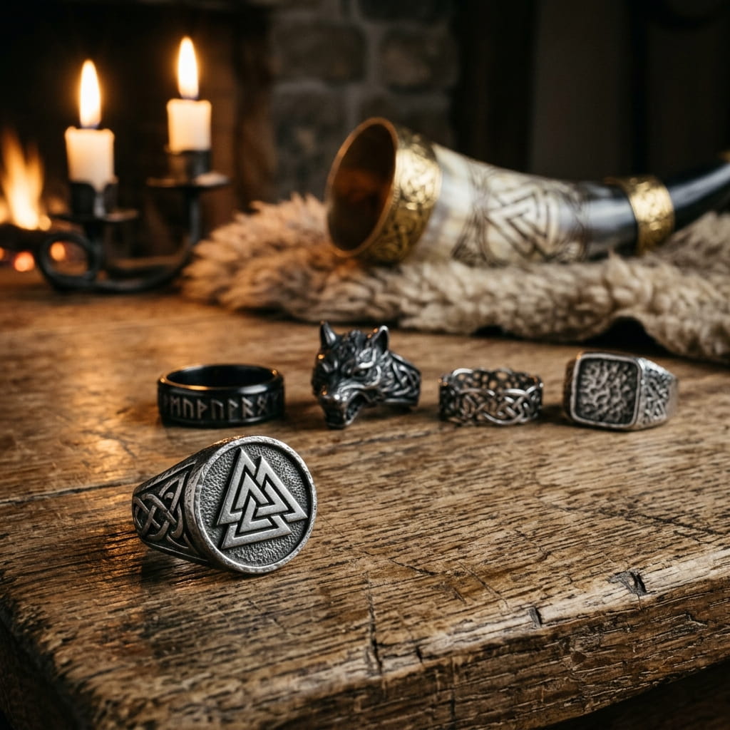 Chevalière viking Valknut en acier et bagues nordiques posées sur une table de chêne à la lueur des bougies