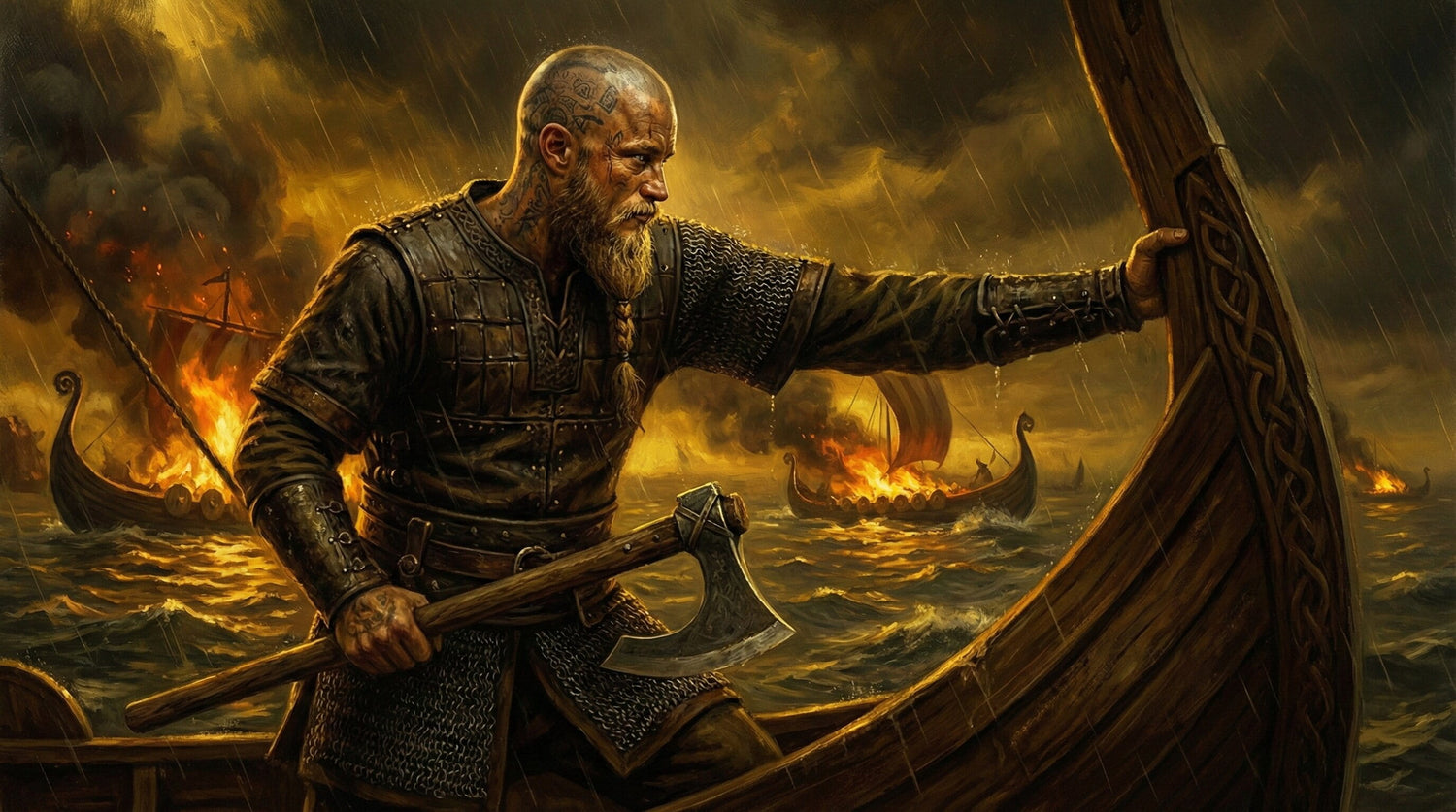 Ragnar Lothbrok guerrier viking sur son drakkar pendant une bataille navale avec hache de guerre