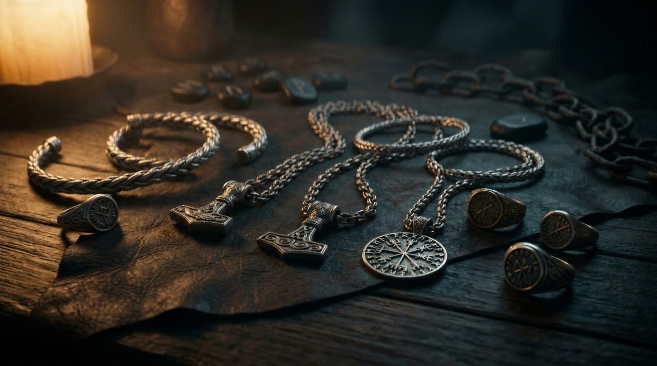 Collection de bijoux vikings : colliers pendentifs, bracelets jonc et bagues chevalières nordiques