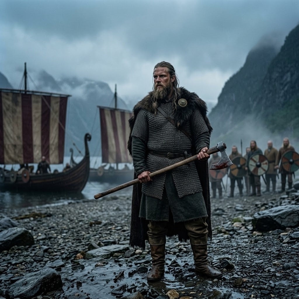 Erik à la Hache sanglante, roi viking en cotte de mailles, sa hache de guerre ensanglantée à la main, sur le rivage d'un fjord norvégien devant ses drakkars