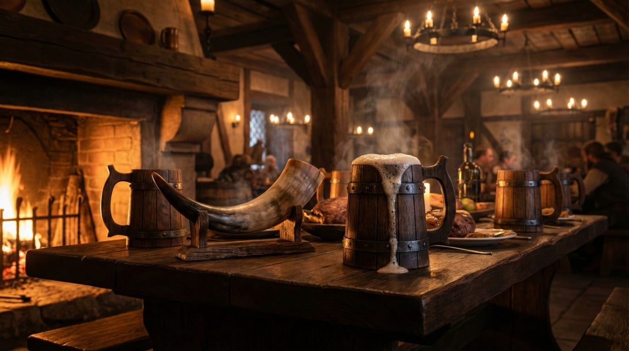 Taverne viking avec chopes tonneau en bois remplies hydromel moussant corne à boire sur table chêne massif cheminée et lustre fer forgé