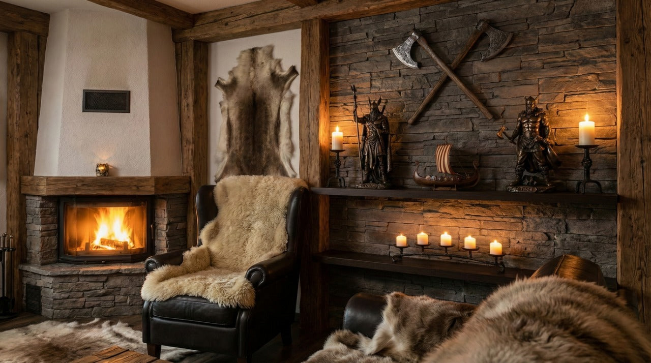 Intérieur décoration viking avec statues de dieux nordiques en bronze haches murales croisées drakkar miniature cheminée bois et fourrures scandinaves