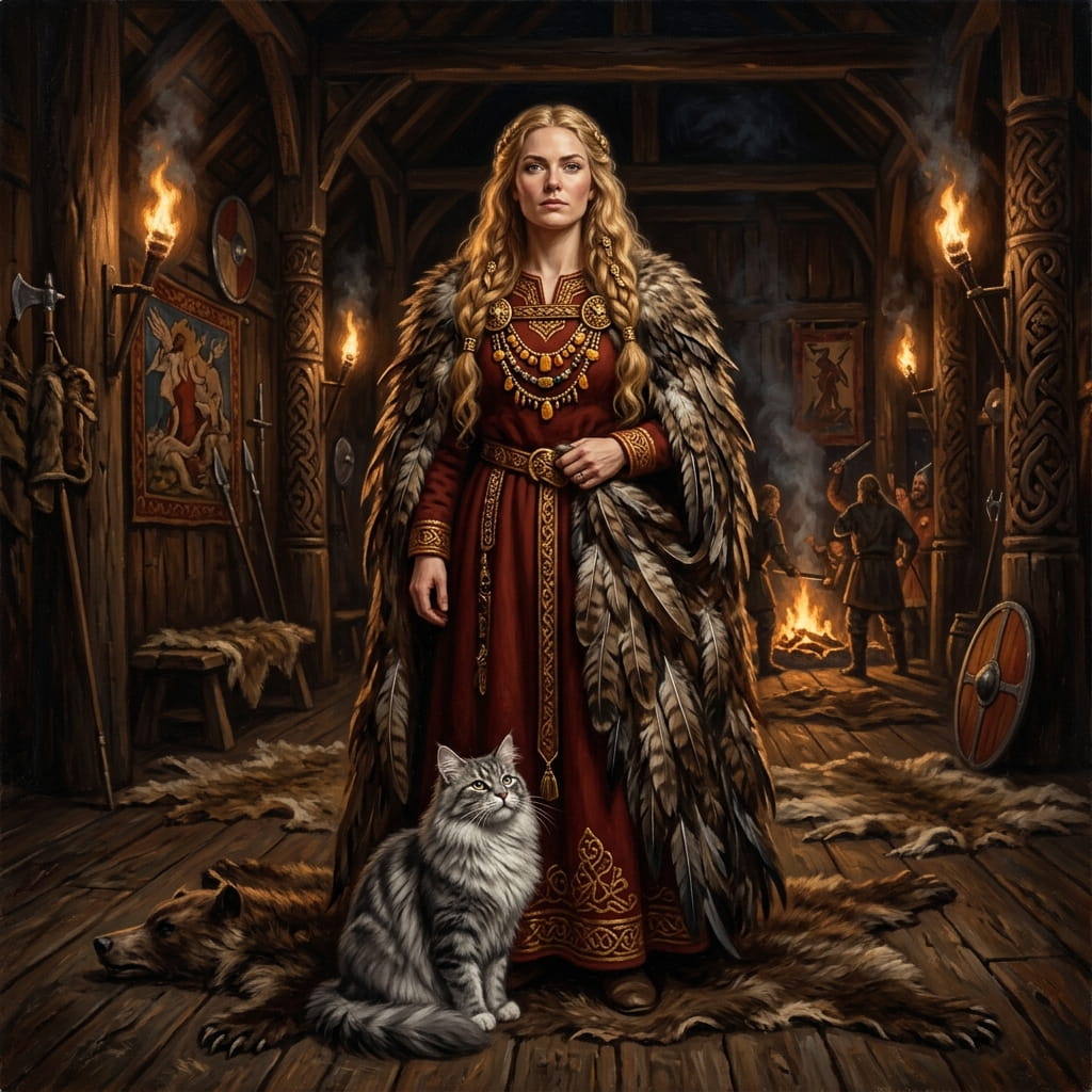 Freya, golden-haired Norse goddess, wearing the Brísingamen necklace and a falcon-feather cloak, in a wooden hall