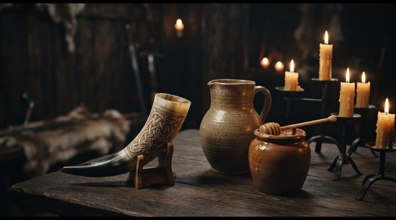Corne à boire gravée sur son support en bois, pichet en grès et pot de miel avec sa cuillère, sur une table éclairée à la bougie