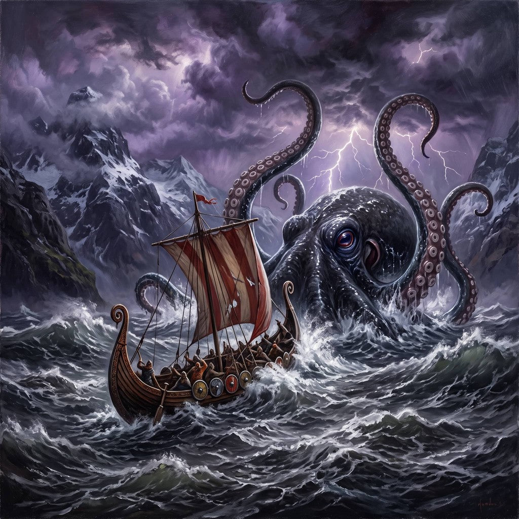 The kraken rising from the waves near a Viking ship in a Norwegian fjord under a stormy sky, giant tentacles above the waves