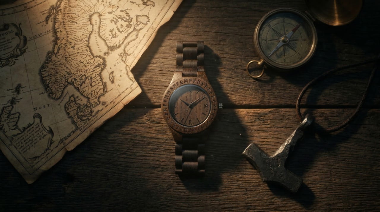 Collection montres vikings nordiques en bois avec symboles sacres
