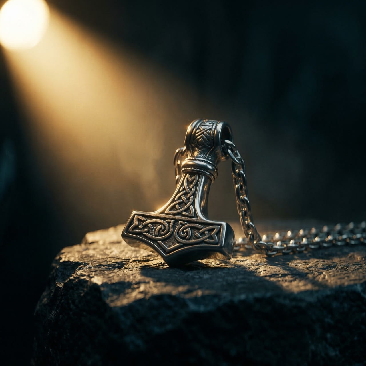 Pendentif marteau de Thor en métal ciselé sur sa chaîne, posé sur une pierre