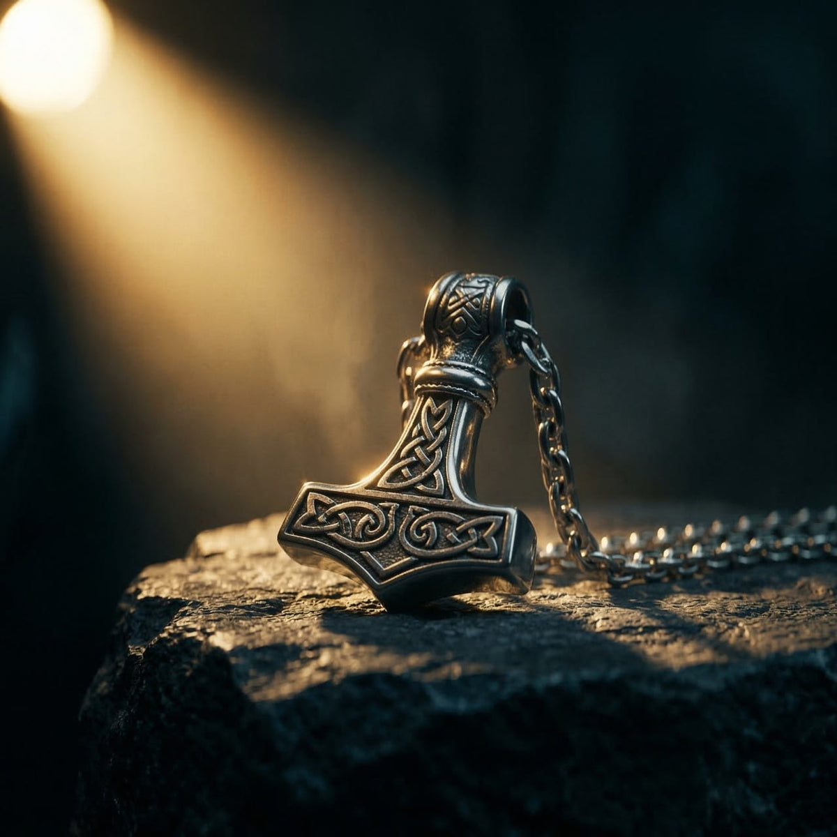 Chiseled metal Thor's hammer pendant on its chain, resting on a stone