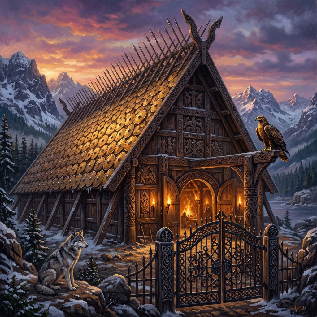 The hall of Valhalla at dusk, roof covered with golden shields, rafters of spears, wolf and eagle before the Valgrind gate