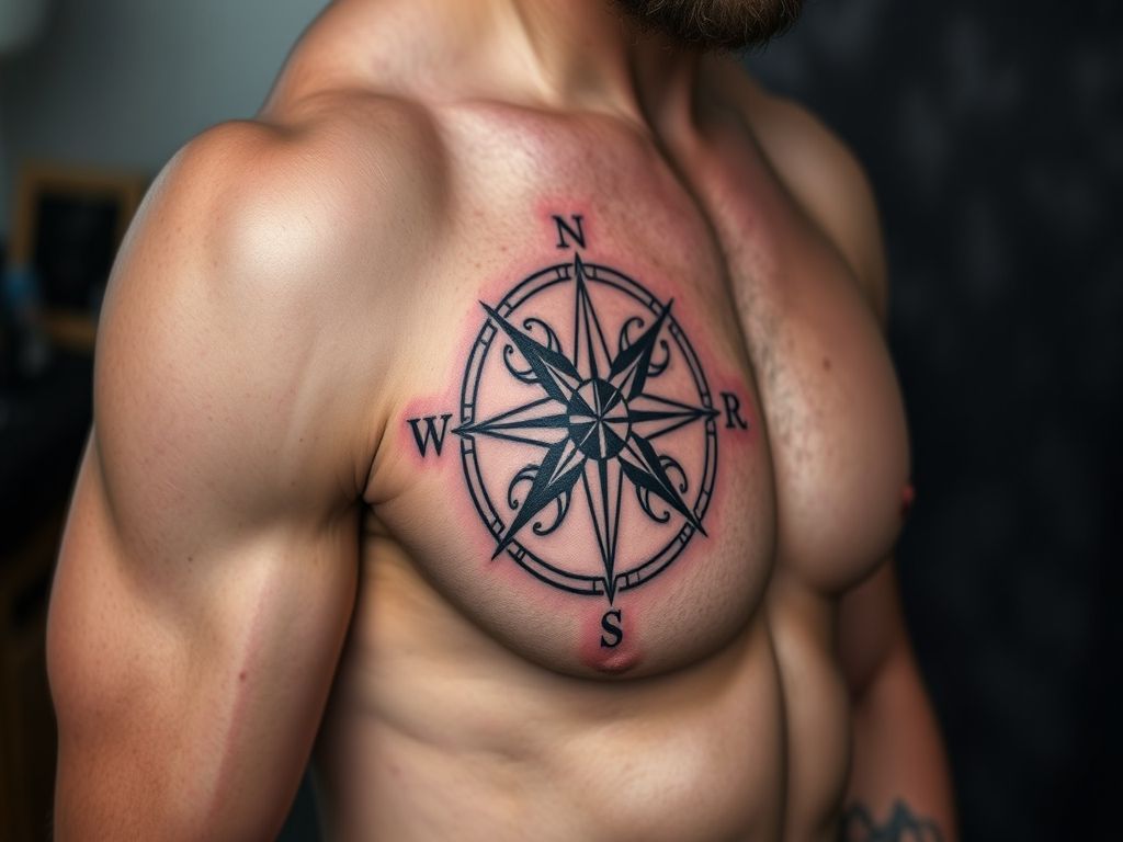 Tatouage d'une rose des vents à huit branches sur un pectoral, encre noire, points cardinaux marqués
