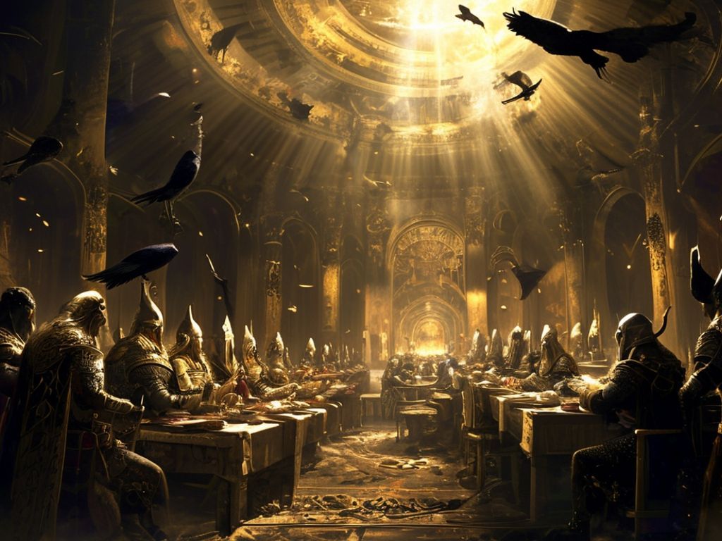 Grande salle de banquet baignée de lumière dorée, guerriers attablés, corbeaux en vol sous la voûte