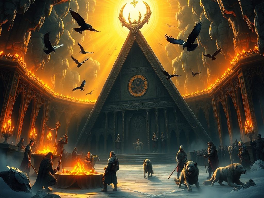 Grande maison longue viking illuminée la nuit, feux allumés devant l'entrée, corbeaux et loups