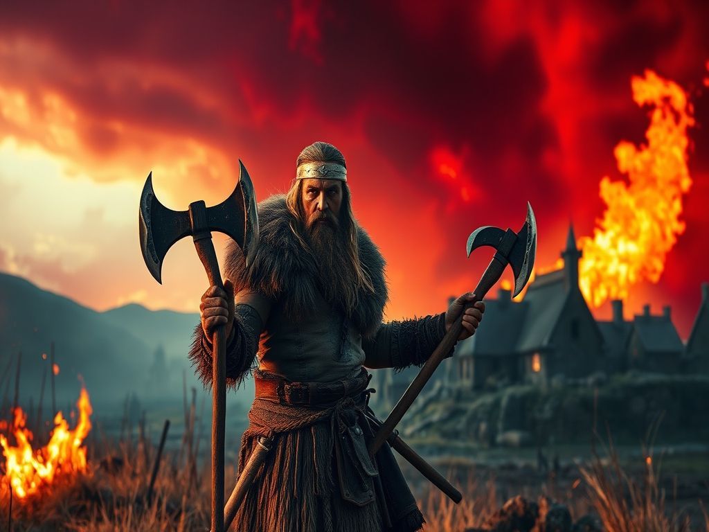 Guerrier viking devant un village en flammes sous un ciel rouge, deux haches à la main