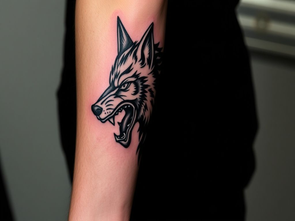 Tatouage viking d'une tête de loup à l'encre noire sur un avant-bras