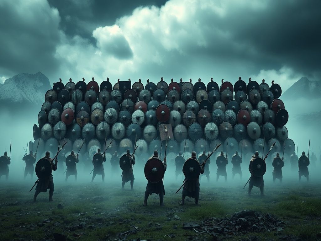 Mur de boucliers viking en formation serrée dans la brume, guerriers armés de lances