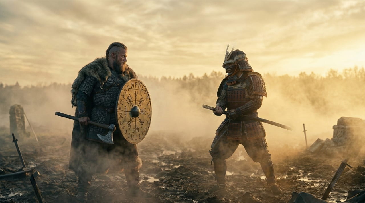 Face-à-face épique entre un guerrier Viking et un Samouraï - Vikings vs Samouraïs