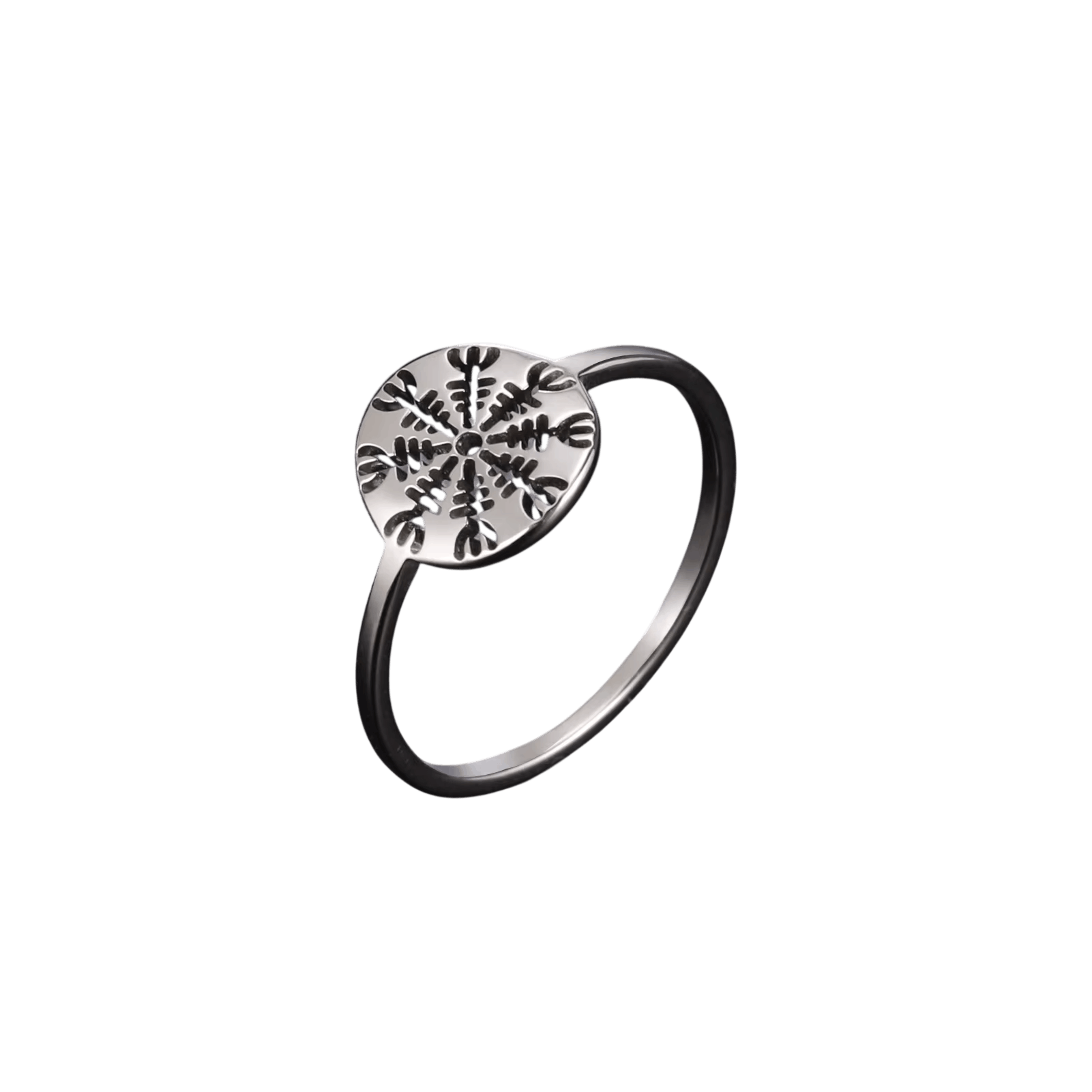 Bague Ægishjálmur : Plateau Rond Gravé, Acier, vue de détail sur fond blanc