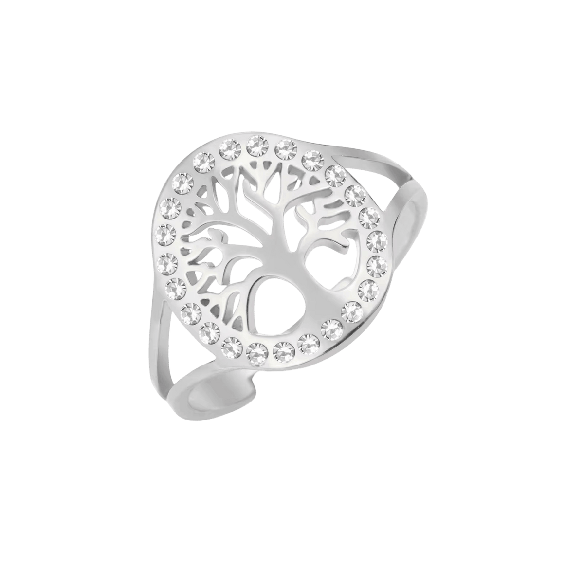 Bague Arbre de Vie : Cercle de Zircons, Dorée, vue de détail sur fond blanc