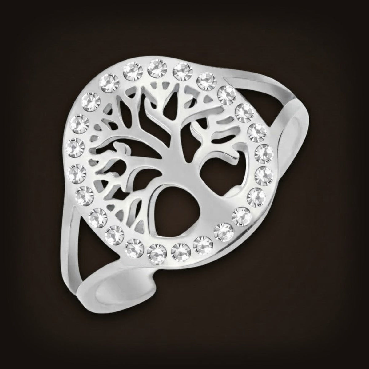 Bague Arbre de Vie cerclée de zircons, version argentée
