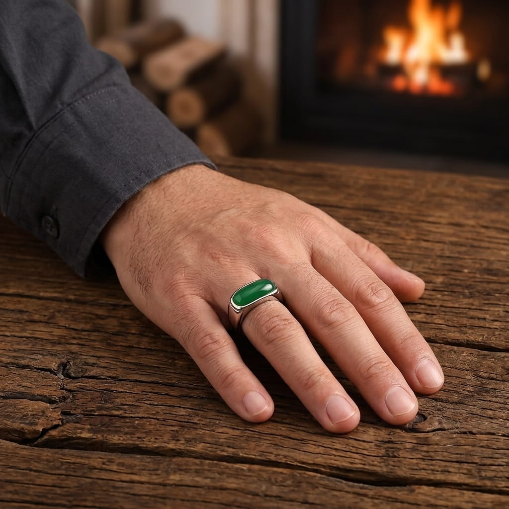 Bague en acier à cabochon vert allongé portée au doigt, main sur une table en bois près d'une cheminée