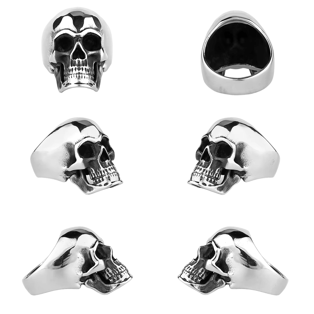 Chevalière crâne en acier inoxydable vue sous plusieurs angles, orbites creusées et mâchoire détaillée, sur fond blanc