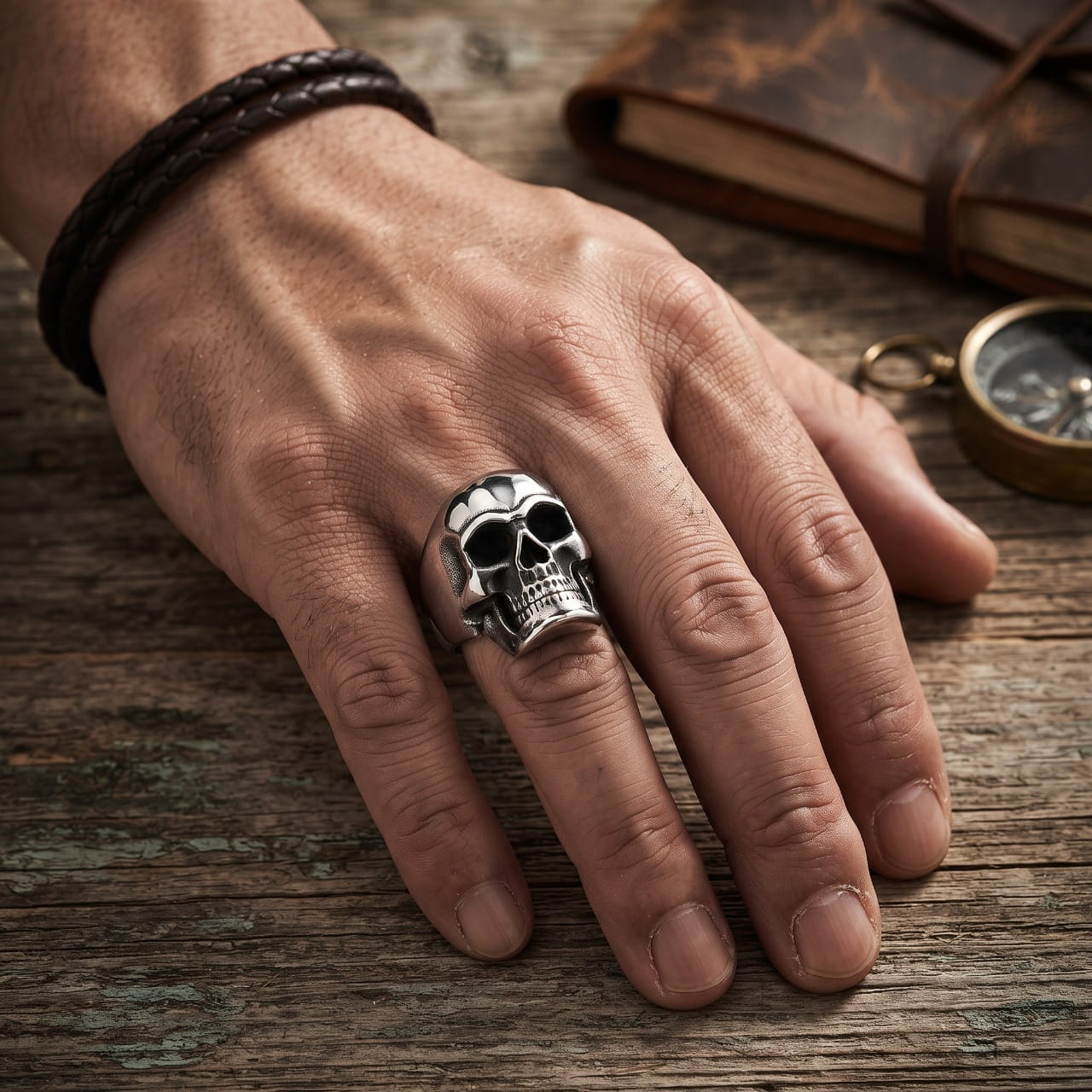Bague chevalière en acier au crâne sculpté en relief, portée à l'annulaire d'une main d'homme sur une table en bois