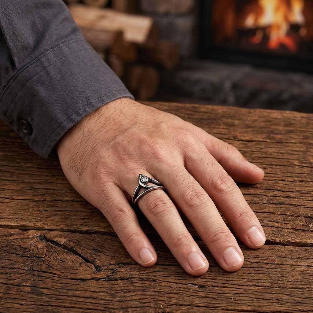 Bague chevron ajourée en acier avec zircon blanc portée à l'annulaire, main posée sur une table en bois