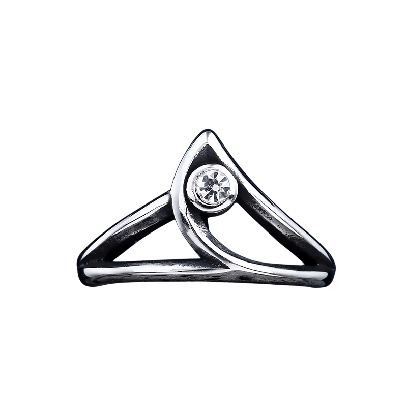 Bague chevron ajourée en acier inoxydable, zircon blanc serti clos à la pointe du V