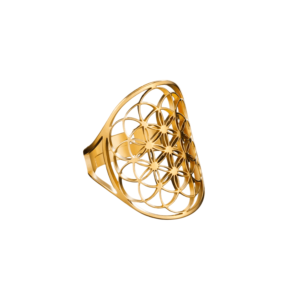 Bague Fleur de Vie Ajourée : Large Plateau, Dorée, vue de détail sur fond blanc