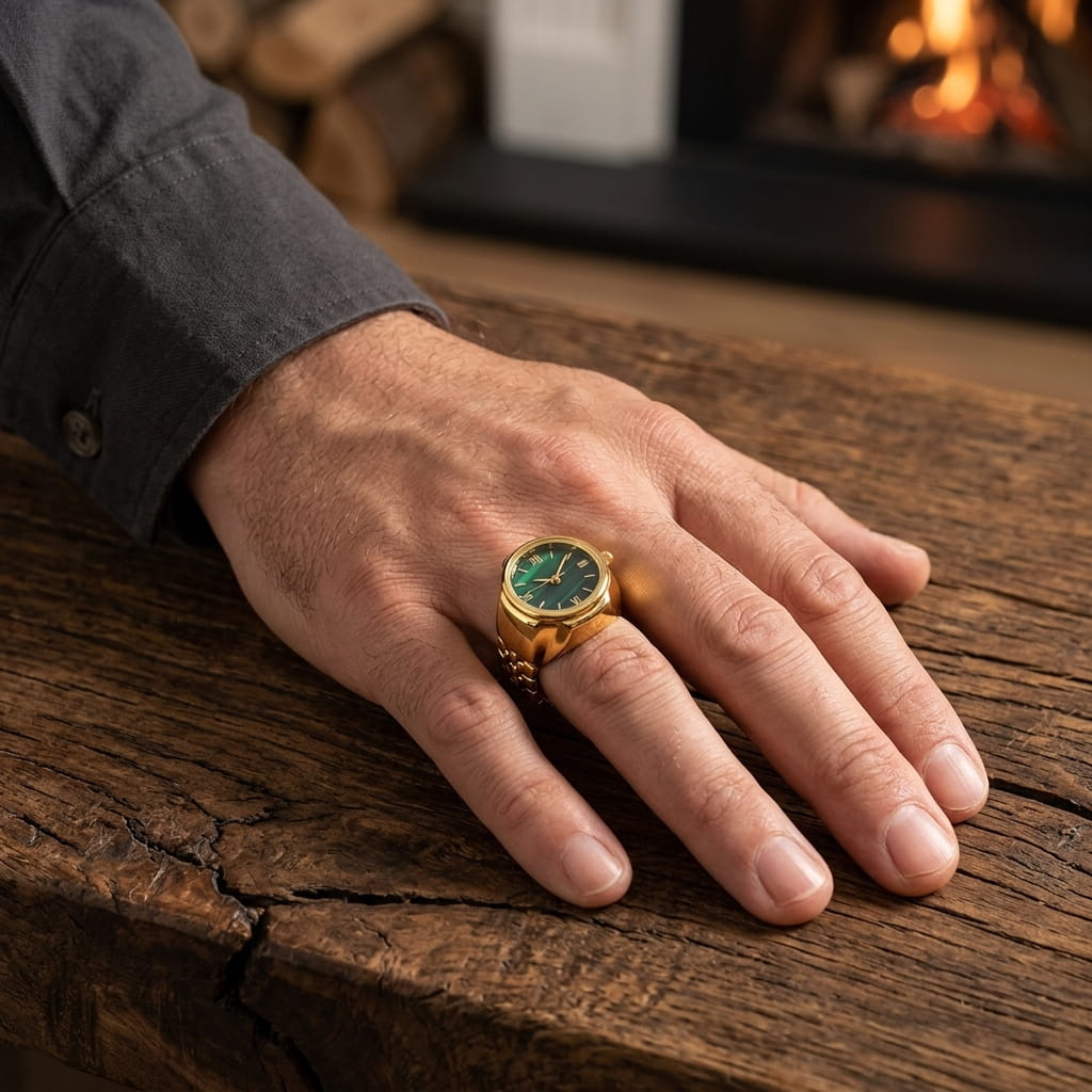 Bague montre dorée à cadran vert portée au doigt, main posée sur une table en bois près du feu