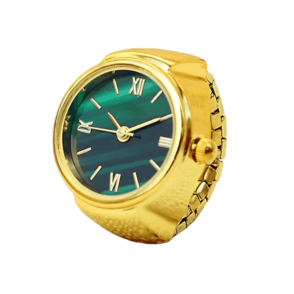 Bague montre en acier doré, cadran vert veiné à chiffres romains et aiguilles dorées