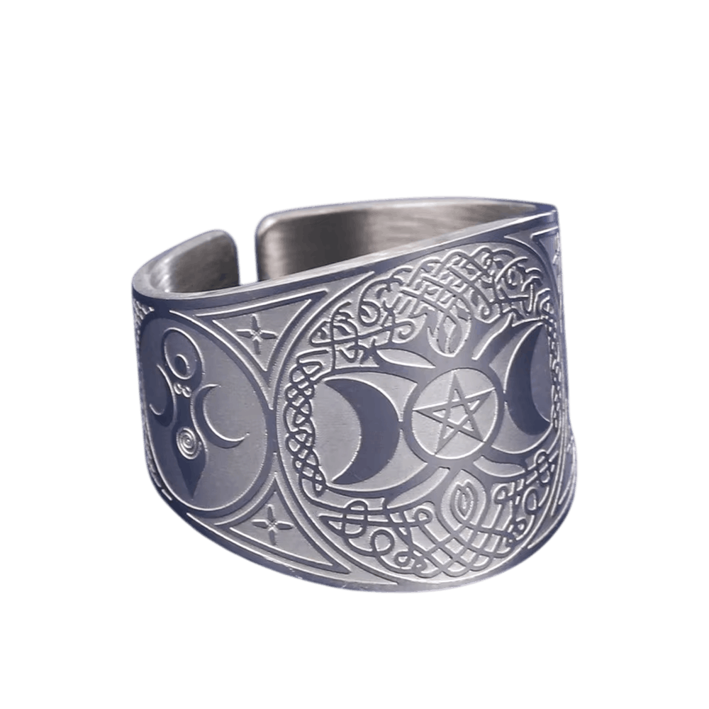 Bague Triple Lune : Ouverte, Acier Argenté, vue de détail sur fond blanc