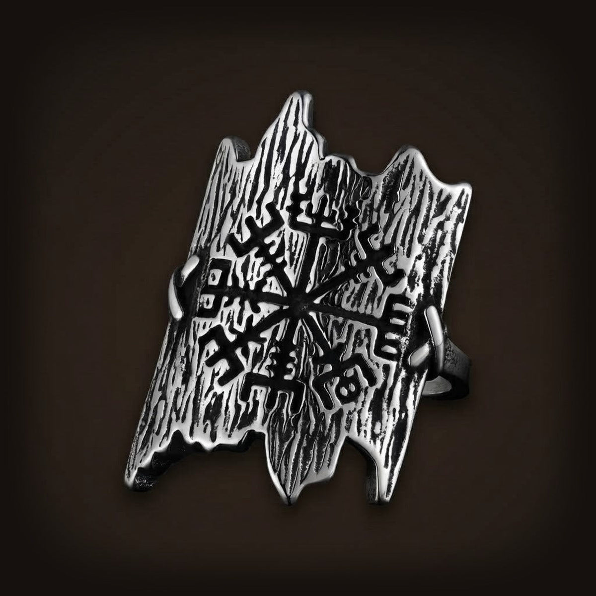 Bague Vegvísir en acier inoxydable vieilli, plaque texturée façon écorce et gravure noircie