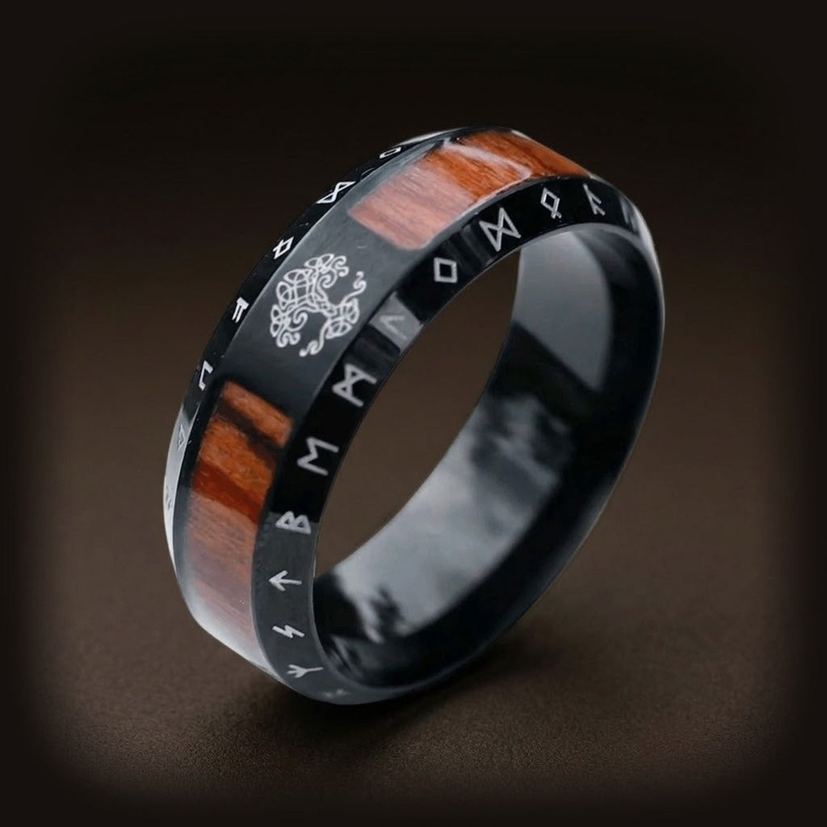 Bague viking Yggdrasil Arbre de Vie acier inoxydable finition noire