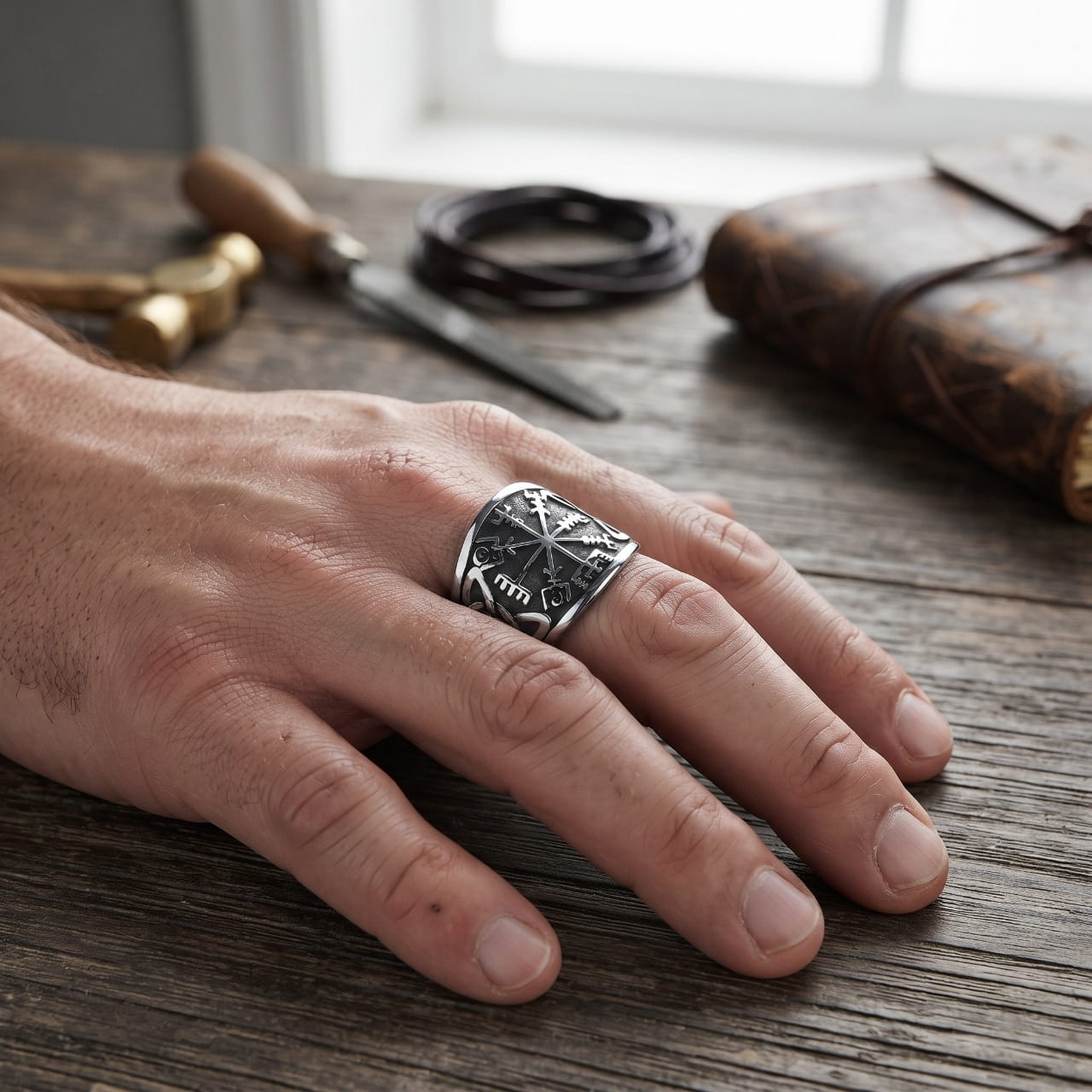 Bague à large plateau carré en acier gravé du Vegvísir portée à l'annulaire d'une main d'homme, établi de cuir