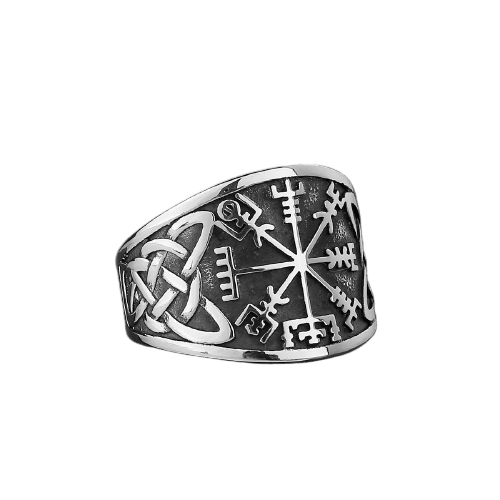 Bague viking bande large vegvisir boussole et triquetra en acier inoxydable.