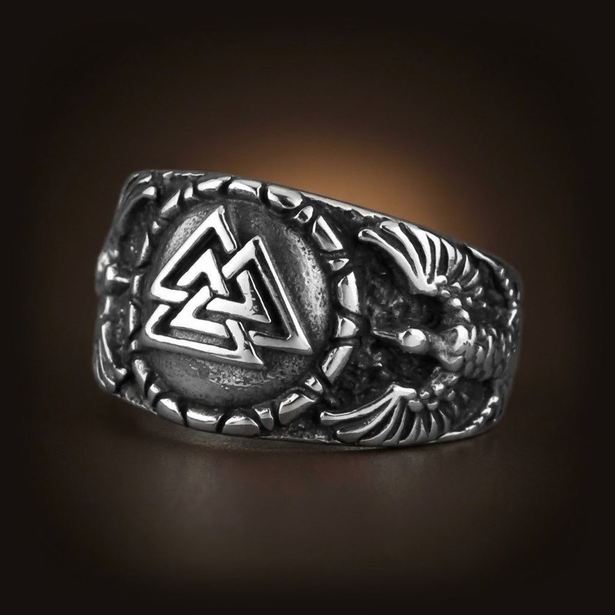 Chevalière viking en acier inoxydable, Valknut en relief et corbeau d'Odin