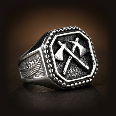 Bague Viking Chevalière Haches Croisées, Plateau Hexagonal — Acier