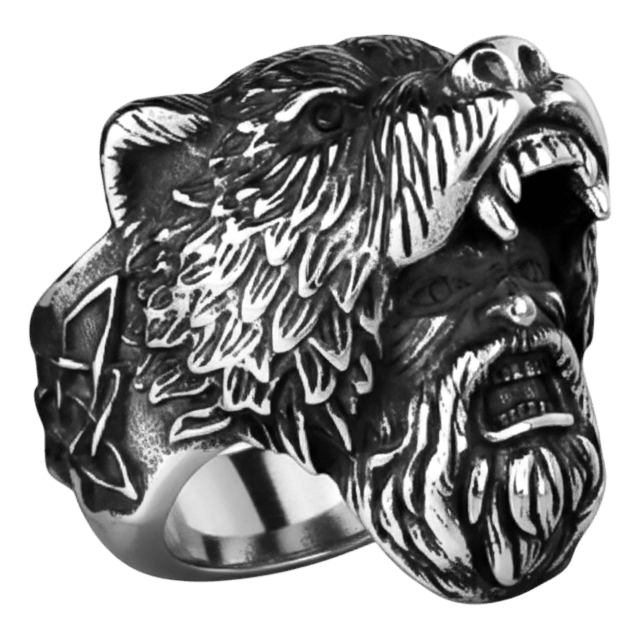 Bague viking chevaliere tete ours berserker sculpture 3d en acier inoxydable.