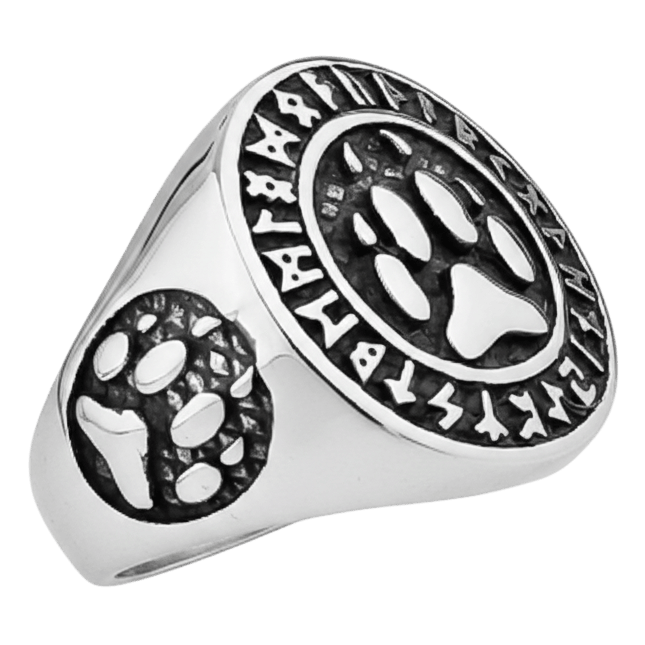 Bague viking chevaliere patte ours avec runes futhark en acier inoxydable.